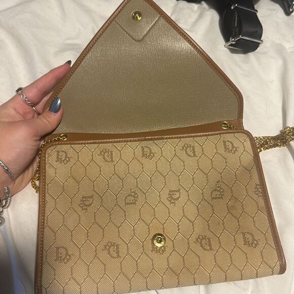 Christian Dior Logo Honeycomb Pattern Chain Crossbody Shoulderbag Beige Vintage - Picture 3 of 5